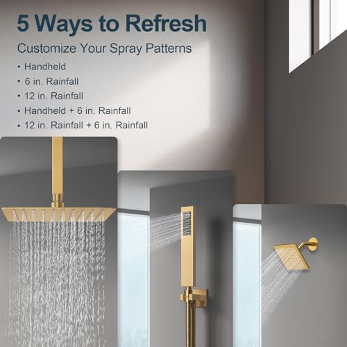 3-Function Thermostatic Shower System with Dual Rainfall Heads, Handheld Sprayer Brushed Gold - color: Brushed Gold
