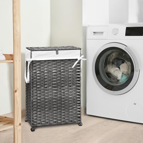 70L Slim Laundry Hamper with Lid & Wheels, Rolling Laundry Basket with 2 Removable Liner Bags & 3 Mesh Bags, Narrow Dirty Clothes Basket, Foldable Handwoven Rattan Laundry Sorter, Grey - color: Grey
