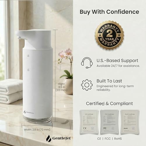 GentleJet CrystalJet Automatic Liquid Soap Dispenser Touchless Sensor, Stainless Steel, USB-C Rechargeable, Waterproof Kitchen & Bathroom Countertop Soap Dispenser, 300 ml - color: White
