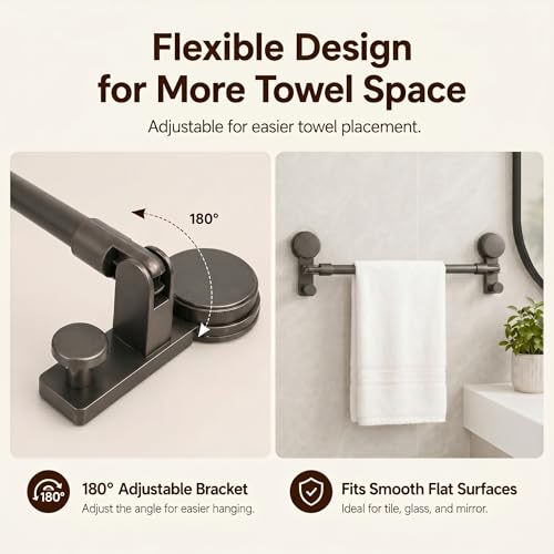 Suction Cup Towel Bar for Smooth Shower Walls, No Drill Adjustable Towel Rod 15.7-27.5 in, Rustproof Aluminum with Strong Vacuum Hold, Gray