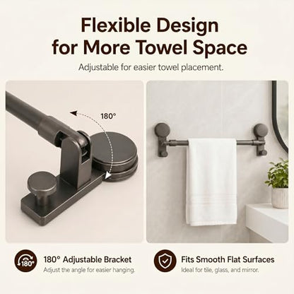 Suction Cup Towel Bar for Smooth Shower Walls, No Drill Adjustable Towel Rod 15.7-27.5 in, Rustproof Aluminum with Strong Vacuum Hold, Gray