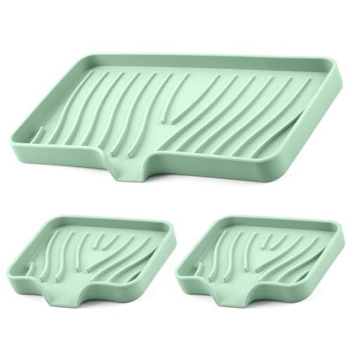 Silicone Soap Dish with Drain Spouts, Bar Soap Holder, Self-Draining Sink Organizer Kitchen Sponge Tray, Non-Slip Dispensers for Bathroom, Kitchen (Light Green, 1 Long + 2 Short) - color: Light Green