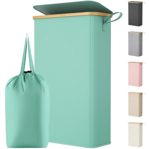 Lifewit 75L Slim Laundry Hamper with Lid, Narrow Laundry Basket with Removable Bag & Bamboo Handles, Fodable Thin Dirty Clothes Hamper for Laundry Collapsible Bin for Bathroom Bedroom Dorm, Sage Green - color: Sage Green, size: 75L