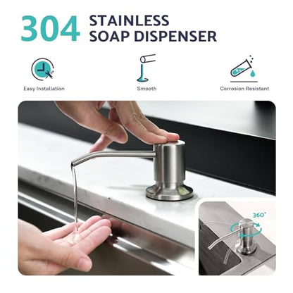 Kitchen Sink Faucet with Soap Dispenser, 3 Modes Kitchen Faucet with Pull Down Sprayer and Soap Dispenser, 304 Stainless Brushed Nickel Single Handle Kitchen Bar Faucets with Water Lines - color: Brushed Nickel Transitional, size: 15.2 Inches