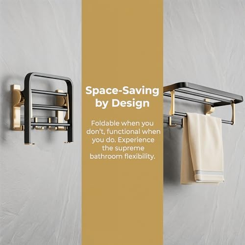 Towel Storage for Small Bathroom、 24 inch Towel Rack，Bath Towel Holder， Foldable Towel Rack with 7 Hooks, Bathroom and Toilet wall Mounted Towel Rack Made of Aviation Aluminum (Luxury Black Gold)