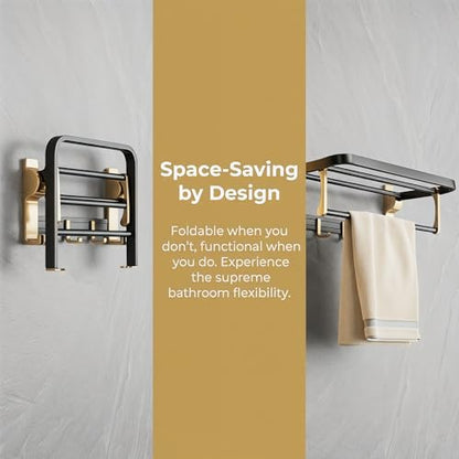 Towel Storage for Small Bathroom、 24 inch Towel Rack，Bath Towel Holder， Foldable Towel Rack with 7 Hooks, Bathroom and Toilet wall Mounted Towel Rack Made of Aviation Aluminum (Luxury Black Gold)