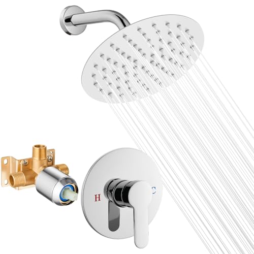 Airuida Shower Faucet Set,8 Inch Chrome Polish Shower Trim Kit | Round Rainfall Shower Head,Single Handle,Male Threads Rough-in Valve,Wall Mount Bathroom System - color: Chrome, size: 8 Inch