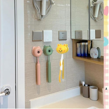 5 Pcs Wall-Mounted Toothbrush Holder Random Style | DustProof, Lovely Animal Head Design, Cartoon Suction Cup, Perfect for Home Bathrooms, Random Style