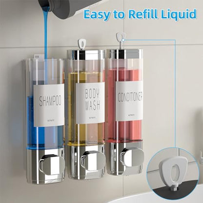 VITVITI Shampoo and Conditioner Dispenser for Shower Wall, Shower Soap Dispenser 3 Chamber No Drill Wall Mounted, 10.2 OZ Plastic Refillable Shower/Body Wash Bottles for Bathroom (Silver) - color: Silver