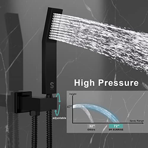 SR SUN RISE 16 Inch All Metal Square Shower System with Tub Spout, Tub Shower Faucet Set, High Pressure Rain Shower Head and Handheld Sprayer Shower Fixtues, Valve Included, Matte Black - color: Matte Black, size: 16 Inch