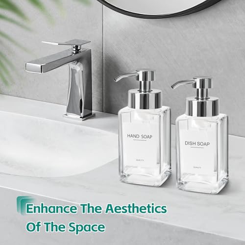 Foaming Soap Dispenser, 12oz/350ml Glass Hand Soap Dispenser Set, Refillable Foam Dispenser with Foaming Pump, Labels, Square Hand Dispenser for Bathroom, Kitchen 2 Pack - color: Clear Bottle + Silver Pump