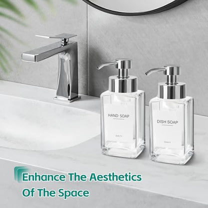 Foaming Soap Dispenser, 12oz/350ml Glass Hand Soap Dispenser Set, Refillable Foam Dispenser with Foaming Pump, Labels, Square Hand Dispenser for Bathroom, Kitchen 2 Pack - color: Clear Bottle + Silver Pump