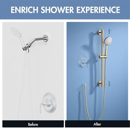 Adjustable 30-Inch Shower Slide Bar with 5-Function Handheld Shower Head, Stainless Steel Wall Mount Shower Slide Bar Set with Extra Hose (Brushed Gold) - color: Brushed Gold