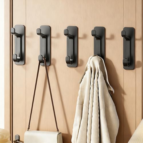 5PCS Self-Adhesive ABS Wall Hooks Bathroom Towel Clothes Hanging Hooks, No-Drill Easy Installation Water-Proof, 8.5 * 3 * 3.4cm, Black - color: Black