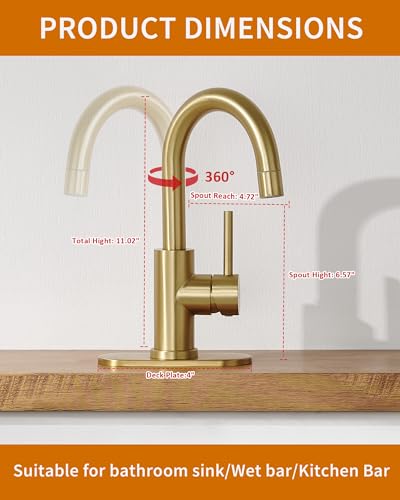 Tohlar Brushed Gold Bathroom Faucet with 2 Mode Sprayer | Bar Sink Faucet with Deck Plate for 1 or 3 Holes, 360° Swivel, with Pop Up Drain, for Vanity RV Laundry - color: Brushed Gold with Deck Plate