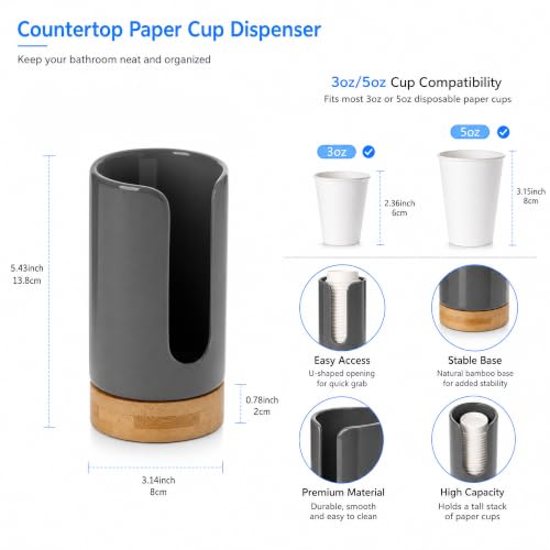 Ceramic Bathroom Cup Holder, 3-5 oz Cup Dispenser, Grey | Disposable Paper & Plastic Bathroom Cups Holder - Mouthwash Cups Dispenser for Bathroom, Guest Toiletries, Countertop, Coffee - color: Grey