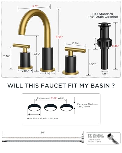 FORIOUS Black and Gold Bathroom Faucet Modern, 3 Hole Bathroom Faucet Black | Gold and Black Bathroom Faucet 3 Holes, 2 Handle Modern Bathroom Vanity Faucet Widespread 8 Inch with 360° Swivel Gooseneck - color: Gold&Black, style: Modern