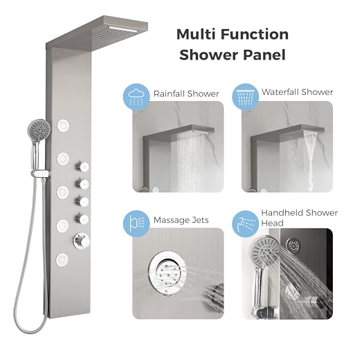 DELAVIN Stainless Steel Shower Tower, Multi Function Shower Panel Tower | Rainfall Waterfal, Full Body Shower System with Body Jets and Handheld Shower, Brushed Nickel, Solution for Rental Properties - style: 5 Body Jets