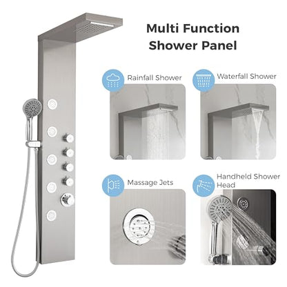 DELAVIN Stainless Steel Shower Tower, Multi Function Shower Panel Tower | Rainfall Waterfal, Full Body Shower System with Body Jets and Handheld Shower, Brushed Nickel, Solution for Rental Properties - style: 5 Body Jets