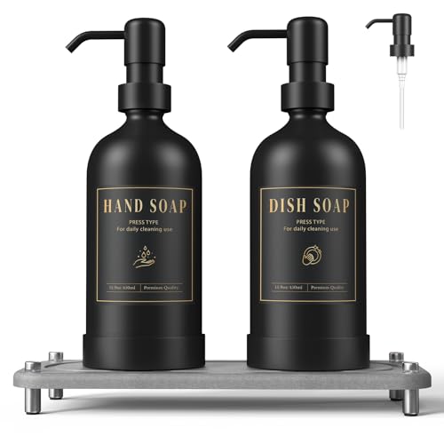 Luxspire 17 oz Glass Liquid Soap Dispenser Set, Black + Dark Gray, 2 Pack | Anti-drip pump, wide mouth easy refill, non-slip silicone base, 7 waterproof labels, refillable glass for hand dish soap - color: Black+gray