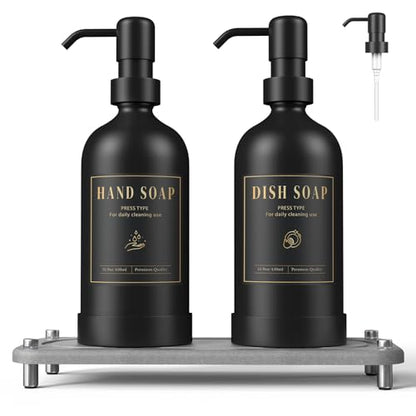Luxspire 17 oz Glass Liquid Soap Dispenser Set, Black + Dark Gray, 2 Pack | Anti-drip pump, wide mouth easy refill, non-slip silicone base, 7 waterproof labels, refillable glass for hand dish soap - color: Black+gray