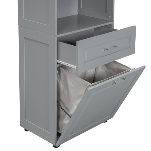 JIVOIT 70" H Tall Bathroom Cabinet with Laundry Basket, Double Cabinets with Doors and Open Storage Space, Tilt-Out Laundry Hamper and Upper Storage Cabinet (Grey * 102) - color: Grey * 102