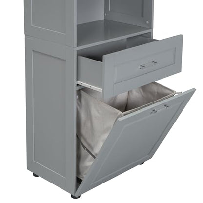 JIVOIT 70" H Tall Bathroom Cabinet with Laundry Basket, Double Cabinets with Doors and Open Storage Space, Tilt-Out Laundry Hamper and Upper Storage Cabinet (Grey * 102) - color: Grey * 102