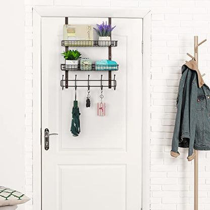 OYEAL Over The Door Hook Rack with 5 Hooks 2 Baskets Steel, Sturdy Durable Coat Rack Towel Hooks Hanging Organizer Shelves for Home Bedroom Bathroom Kitchen, Brown - color: Brown