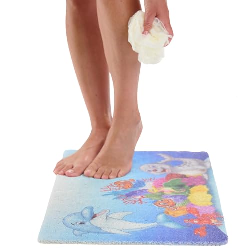 ENKOSI Loofah Non-Slip Shower and Bath Mat - Soft Cushioned Comfort - No Suction Cups for Smooth or Textured Tubs - Fast Draining - Safety for Bathroom, Family, Kids, and Elderly (24x16 Dolphin) - color: Kids Dolphin, size: 24" x 16" (Rectangular)