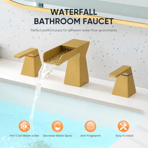 Brushed Gold Waterfall Bathroom Faucet for 3-Hole Sinks 8 Inch Widespread Vanity Faucet with Sculptural Trapezoid Body, Two Handles, Pop-Up Drain & Hoses - color: B - Brushed Gold