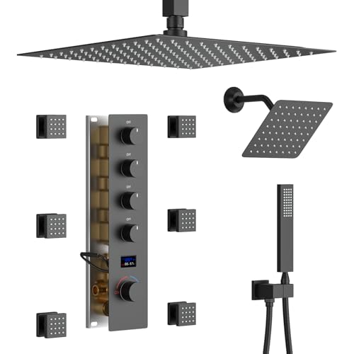 Matte Black Shower System Tempreature Display Shower Fuacet Set | 12 inch and 8 inch Full Body Shower Head, with 6 PCS Body Jet and Handheld Spray - color: Black, size: 12+8 inch