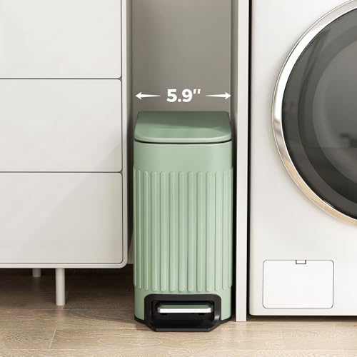 TrashAid Slim Bathroom Trash Can with Lid Soft Close & Pedal, 1.6Gal, Green | Removable Inner Bucket, Stainless Steel Garbage Can, Small Wastebasket for Toilet/Office/Bedroom, Retro Design, Odor Control - color: Green