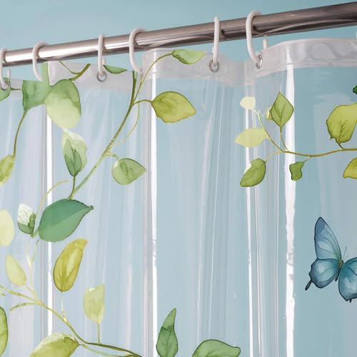 Clear Green Vine Blue Butterfly Shower Curtain Liner, Plastic Transparent Green Plant Shower Curtains for Bathroom, 72x72 Weighted Magnetic Shower Curtain Set with 12 Hooks - color: Clear Leaves Blue Butterfly, size: 72"W x 72"L (Pack of 1)