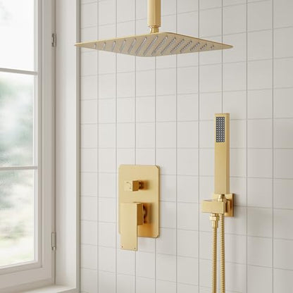 ESNBIA Gold Shower Head System, All Metal 12 Inches Ceiling Shower Faucet Set with Valve, Rain Shower Head with Handheld Spray Combo, Brushed Gold - color: Brushed Gold, size: 12 Inch