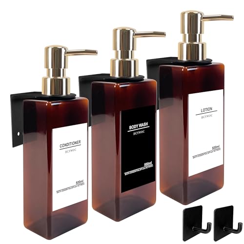 Shampoo and Conditioner Dispenser, No Drill, 16 Waterproof Labels | Shampoo Dispenser for Shower Wall, Shower Soap Dispenser Wall Mounted 3 Chamber, Bathroom, 17oz, Gold Amber - color: Amber Bottle + Gold Pump
