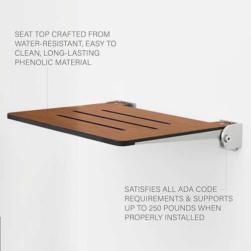 Seachrome 18 inch Silhouette Slimline Folding Wall Mount Shower Bench Seat, Rustic Teak Seat with Silver Frame - color: Rustic Teak Seat With Silver Frame