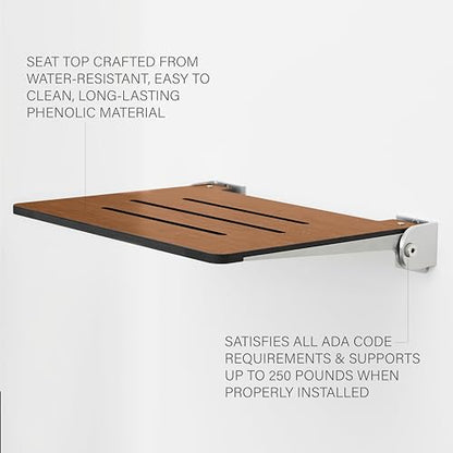 Seachrome 18 inch Silhouette Slimline Folding Wall Mount Shower Bench Seat, Rustic Teak Seat with Silver Frame - color: Rustic Teak Seat With Silver Frame