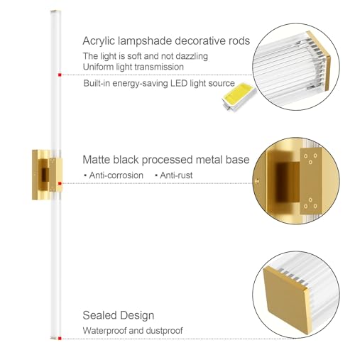 Ralbay 48inch Gold Bathroom Vanity Lights Bar 36W Modern LED Gold Vanity Light Fixtures Over Mirror(5500K White Light) - color: Gold, size: 48 inch