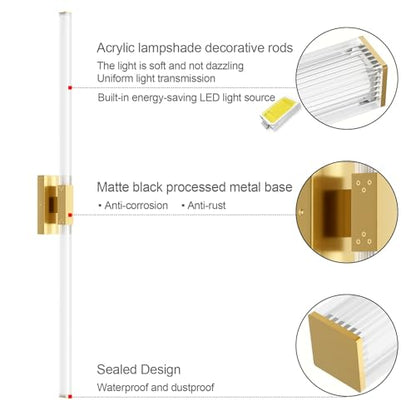 Ralbay 48inch Gold Bathroom Vanity Lights Bar 36W Modern LED Gold Vanity Light Fixtures Over Mirror(5500K White Light) - color: Gold, size: 48 inch