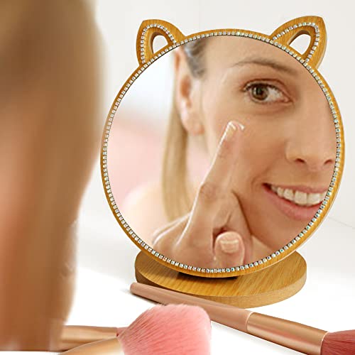Vanity Makeup Mirror with Crystal Rhinestone Girls Desk/Tabletop Mirror Cute cat Shape for Counter top in Bedroom/Bathroom (6.7")