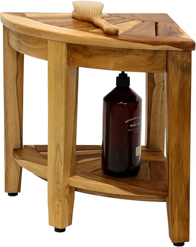 AquaTeak Kai Clear-Shield Corner 15.5" Teak Shower Bench | Durable, Water-Resistant Teak, Shower Chair & Shaving Foot Rest, Indoor/Outdoor Use - size: Clear Shield, style: Corner Stool With Shelf