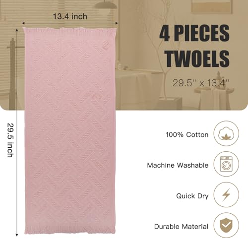 Boho Bathroom Decor Hand Towel 4 Pack 100% Turkish Cotton 14 x 30 Inch Boho Kitchen Hand Towel Guest Tea Gift (Pink) - color: Pink