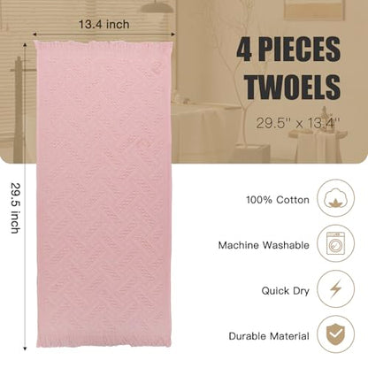Boho Bathroom Decor Hand Towel 4 Pack 100% Turkish Cotton 14 x 30 Inch Boho Kitchen Hand Towel Guest Tea Gift (Pink) - color: Pink