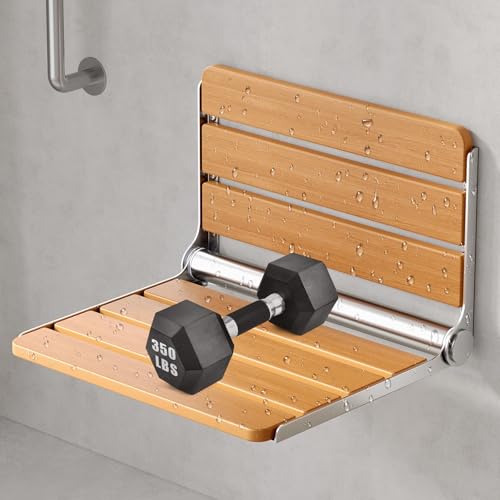 16" Wall Mounted Folding Shower Seat Bench - Heavy Duty 400lb Capacity, ADA Compliant Teak & Stainless Steel Shower Chair for Elderly, Disabled, Bathroom Safety - size: 16 inch