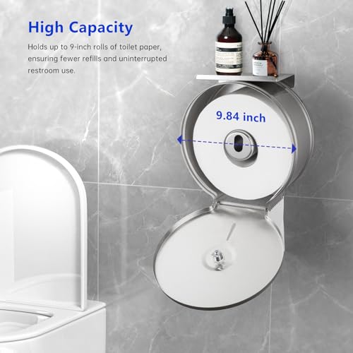 Gorlary Commercial Jumbo Toilet Paper Dispenser with Shelf, Large Capacity | Wall Mount Stainless Steel Roll Holder, 9 inch Brushed Toilet Paper Roll Holder for Bathroom Office, Silver - color: Sliver