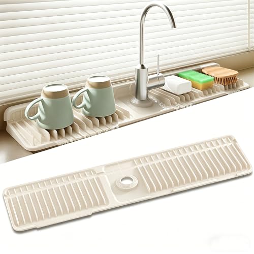 24 Inch Longer Silicone Faucet Mat, 7°Slope Fast Self-draining | Faucet Mat for Kitchen Sink, Silicone Sink Splash Guard, Fast Drying Tidy Faucet Mat Splash Guard - color: (Beige, 24x5.6 inches)