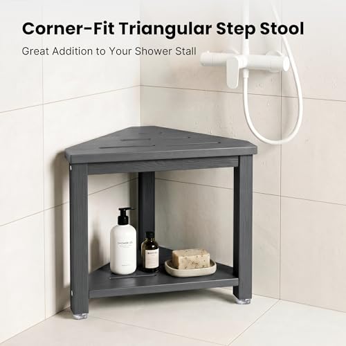 Shower Foot Rest 14in, HDPE Waterproof Corner Shower Stool for Shaving Legs with Storage Shelf for Inside Small Shower Spaces, Bathroom Step Stool, Easy Assembly