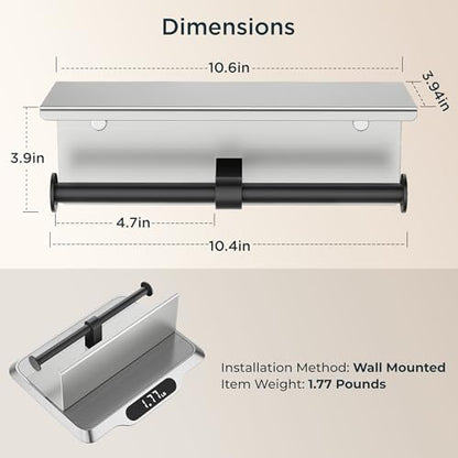 FORIOUS Toilet Paper Holder with Shelf, Commercial Toilet Paper Dispensers | Stainless Steel & Black | Wall Mount Bathroom Tissue Holder | SUS304 Stainless Steel Rustproof | Double Tissue Roll Holder - color: Stainless Steel & Matte Black