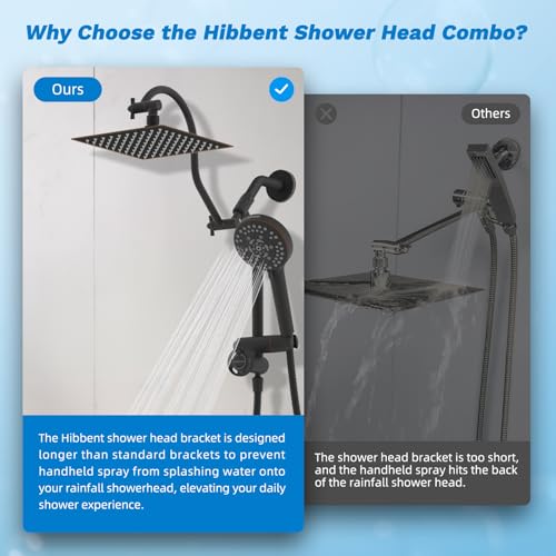 Hibbent High Pressue All Metal 8" Rainfall Shower Head, Handheld 10-Spray | cUPC Certified Oil-Rubbed Bronze Dual Showerhead Combo, 4-way Diverter with Pause Mode, Extension Arm, 71'' Hose & Holder - color: Oil Rubbed Bronze, style: Square 8"