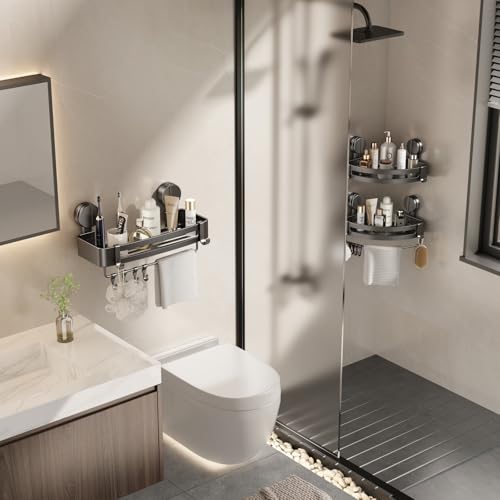 Shower Caddy Suction Cup, 2 Pack Corner Shower Shelves No Drilling, Showers Organizer Storage with Towel Bar & Removable Hooks, Bathroom Shower Shelf Rack for Inside Showers